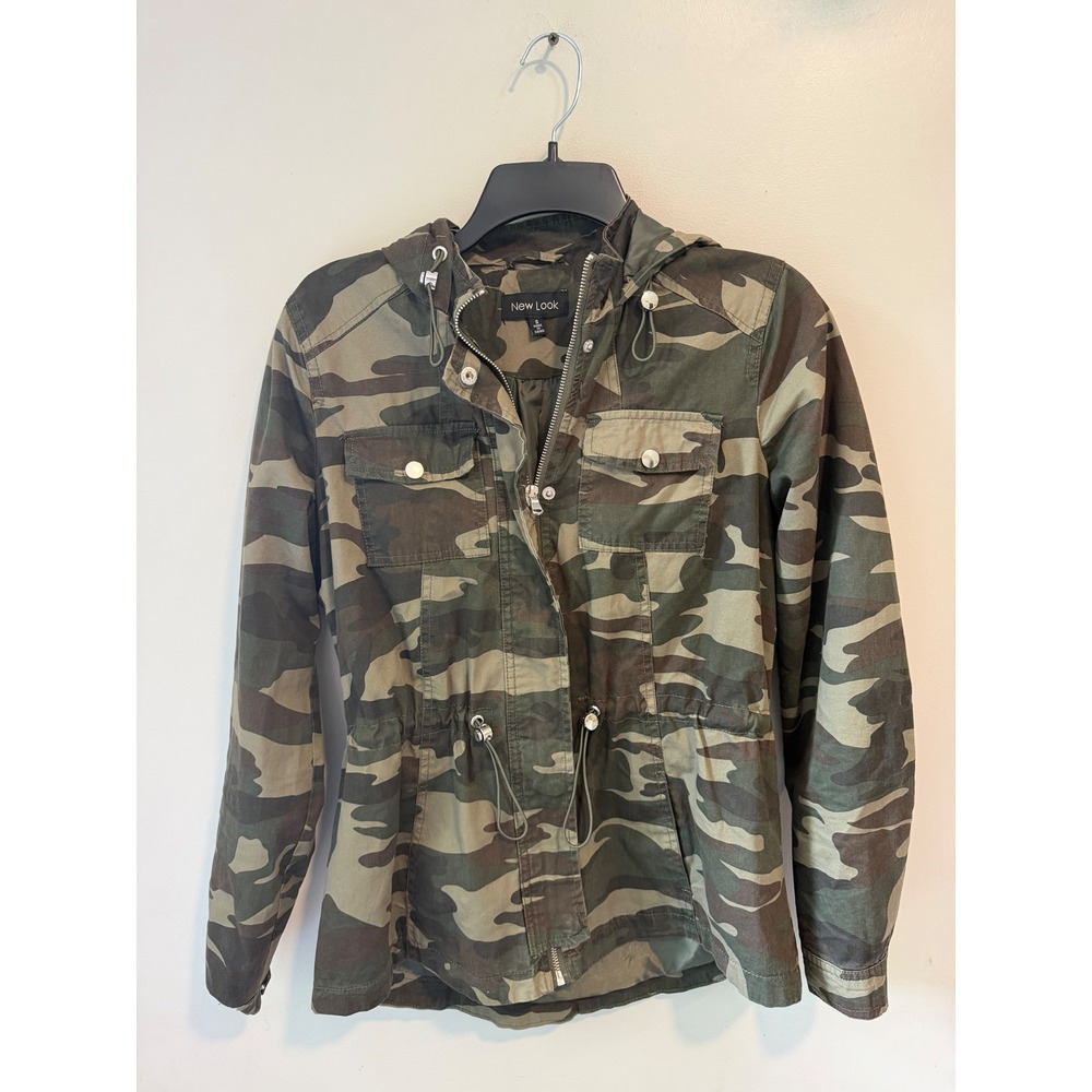 New Look Womens Camo Utility Jacket Green Brown Hooded Full Zip Size S